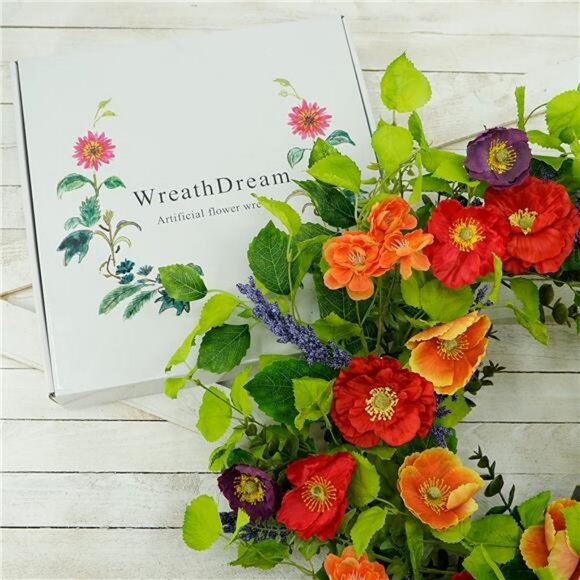 22 inch Artificial Spring Summer Wreaths for Front Door Poppy Wreath - Picture 3 of 8